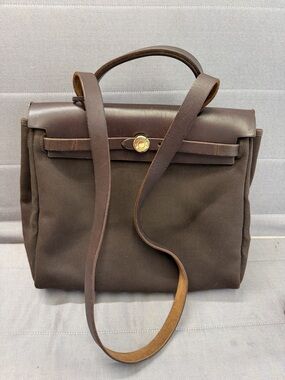 Hermes Brown Leather & Canvas Bag with Gold-Tone Hardware